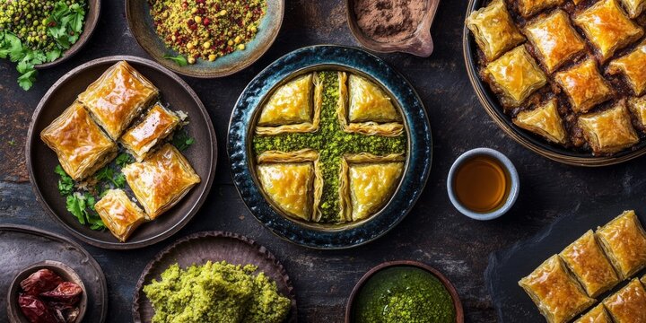 Baklava, rahat lukum, and halva are all traditional sweets that showcase exquisite flavors. This top view highlights the beauty of baklava, rahat lukum, and halva, perfect for enticing dessert lovers.