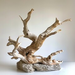 Fototapeta premium Abstract wood sculpture on stone base.
