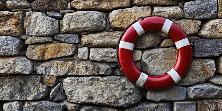 Life belt displayed on a stone wall, illustrating a safety theme. The life belt symbolizes rescue and protection, emphasizing the importance of safety in various environments.