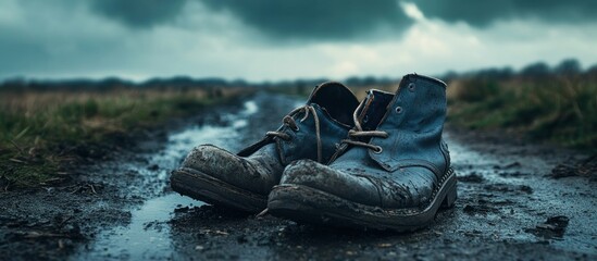 Mismatched broken shoes, one missing a sole, lying on a muddy road under overcast skies, somber tone" 