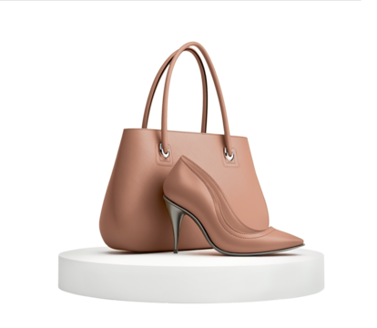 Elegant beige mocha mousse handbag and high heel on white display platform isolated on transparent background