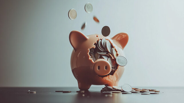 Broken piggy bank with coins scattered around, symbolizing financial struggle and the need for careful budgeting and saving.