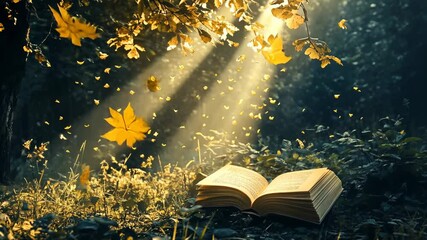 Open book in magical autumn forest; sunlight beams, falling leaves. - Powered by Adobe