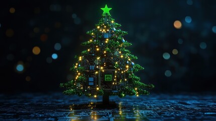 A digital Christmas tree made of circuit elements and lights, symbolizing tech and holiday spirit.