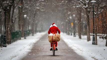 Santa Claus on a bicycle in a snowy park, carrying a large gift.