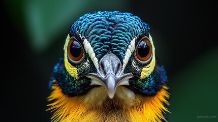 Close-up of a vibrant bird's head, showcasing its intricate plumage and intense gaze.