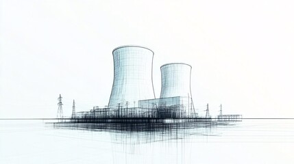 Obraz premium Sketch of two nuclear power plant cooling towers reflecting in water. Generative ai