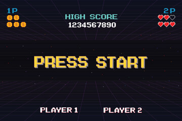 PRESS START. INSERT A COIN TO CONTINUE. pixel art. 8 bit game. Retro Futurism Sci-Fi Background. glowing neon grid. and stars from vintage arcade computer games