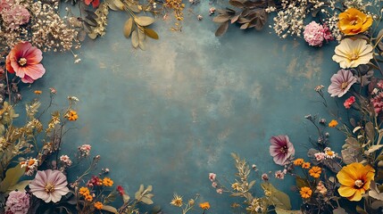 A floral border with various colorful flowers on a textured blue background.