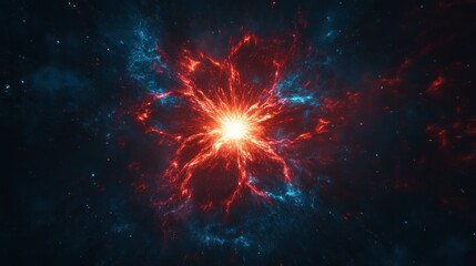 A vibrant cosmic explosion with red and blue hues representing energy in space.