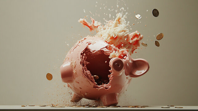 Broken piggy bank with coins scattered around, symbolizing financial struggle and the need for careful budgeting and saving.