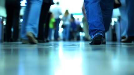 Crowds of passengers waiting patiently in line at airport security checkpoints symbolize the shared journey and collective experience of modern travel