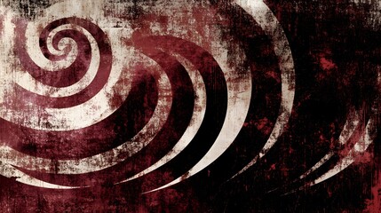 This image features an abstract grunge design with a spiral and curved lines. The dark red and black background has distressed textures, giving it a worn vintage look. White lines contrast sharp