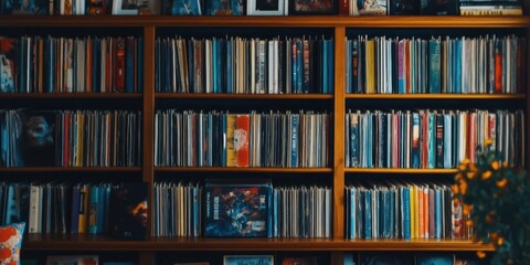 A wooden bookshelf filled with various colorful vinyl records and framed photos.