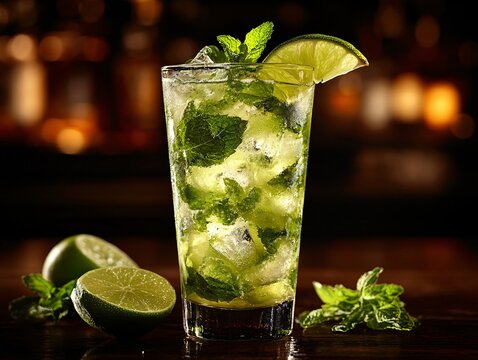 A refreshing mojito cocktail garnished with mint leaves and lime, served in a tall glass, perfect for summer relaxation.