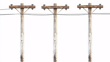 Three weathered wooden utility poles with power lines against a white background.