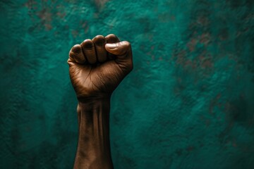 Dark skinned person raising clenched fist in front of teal background