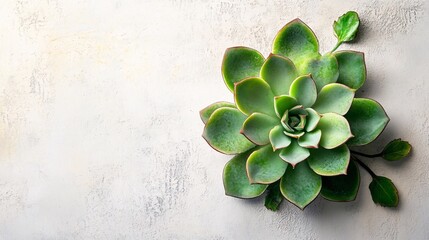Top view of a vibrant green succulent plant with small leaves on a light gray textured background. Generative ai