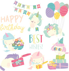 Vector set illustration of cute white unicorns with birthday theme