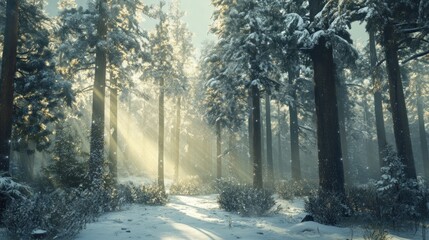 Obraz premium Enchanted Winter Forest: Sunbeams Dance Through Snow-Covered Pines