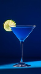 A blue cocktail with a slice of lime, placed against a striking royal blue background