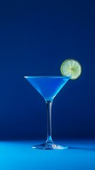 A blue cocktail with a slice of lime, placed against a striking royal blue background