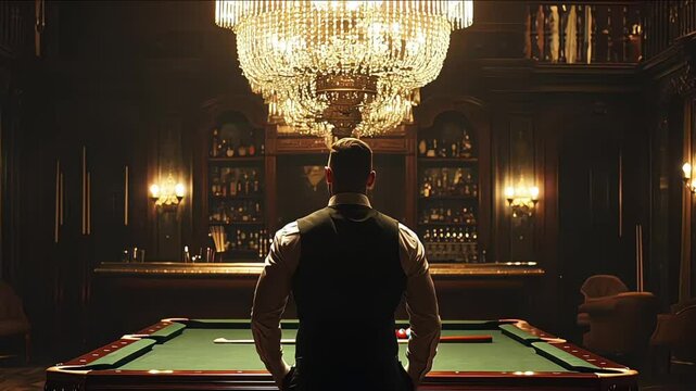 back view of successful man standing beside pool table with at bar