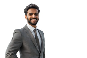 Confident Indian professional with city skyline in background,isolated on transparent and white background.PNG image