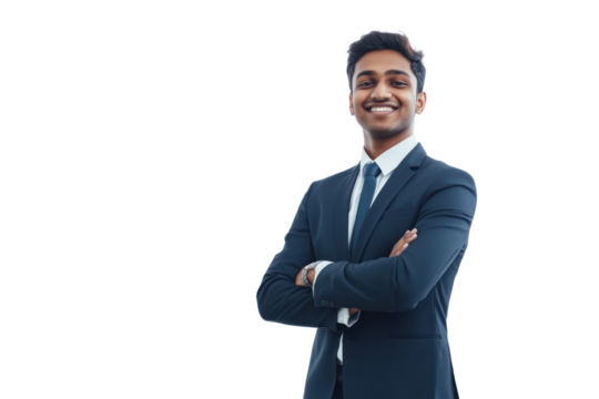 Confident Indian professional with city skyline in background,isolated on transparent and white background.PNG image