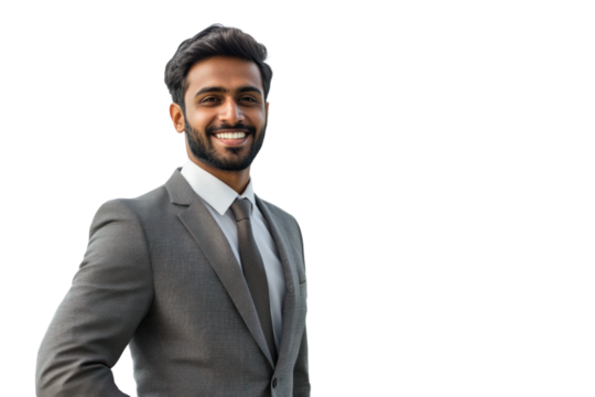 Confident Indian professional with city skyline in background,isolated on transparent and white background.PNG image