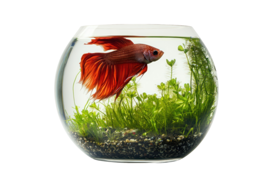 Red Betta in a Planted Bowl: A vibrant red betta fish with flowing fins gracefully swims in a round glass bowl, surrounded by lush green aquatic plants.