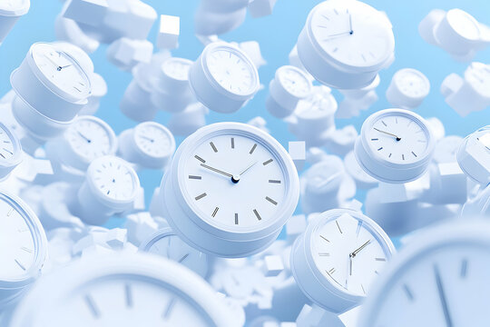 Abstract image of many white clocks floating in the air, suggesting the passage of time.