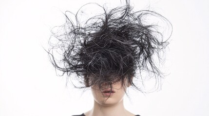 Naklejka premium Woman with messy, tangled hair obscuring her face against a white background.