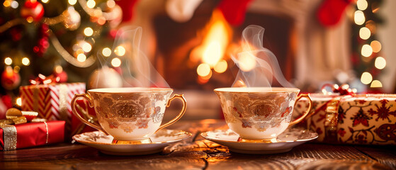 Fototapeta premium A delightful scene showcasing two elegant tea cups filled with steaming tea.