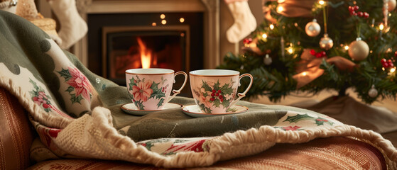 A heartwarming image featuring two tea cups on a cozy blanket draped over a chair.