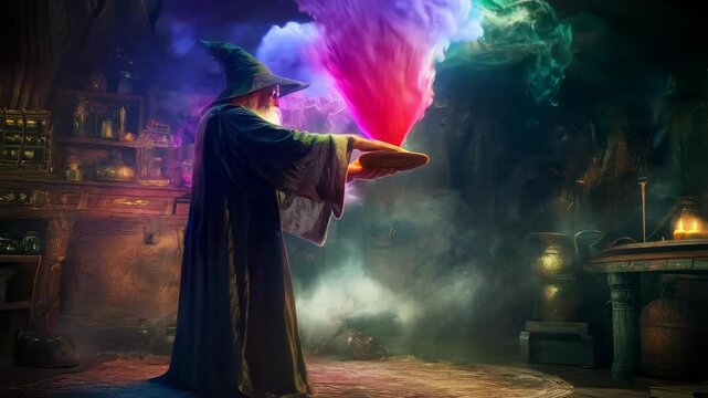 An elderly wizard casting a spell