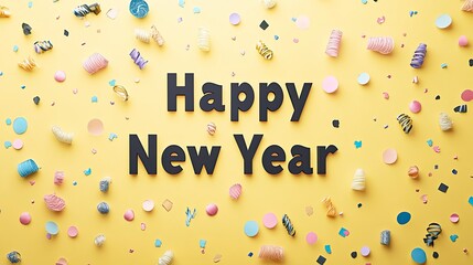 Marking New Year written in bold black font on a bright yellow background, surrounded by minimalist confetti patterns in pastel colors.