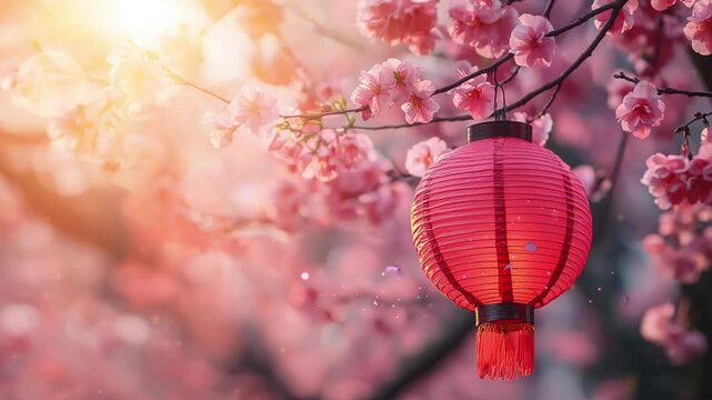 Red Chinese lanterns hanging from pink cherry blossom tree branches against a bokeh background.
