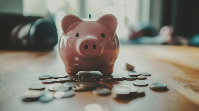 Broken piggy bank with coins scattered around, symbolizing financial struggle and the need for careful budgeting and saving.