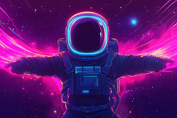 A vibrant astronaut with glowing wings in a cosmic background.