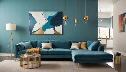 A modern living room with a teal blue sectional sofa, gold pendant lights, and a large abstract painting on the wall.