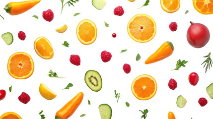 Vibrant Fruit and Vegetable Pattern: A cheerful and healthy flat lay featuring a vibrant mix of sliced oranges, raspberries, kiwi, peppers, and cucumber.