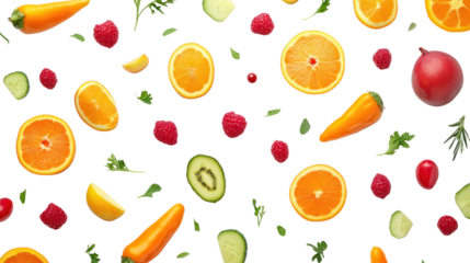 Vibrant Fruit and Vegetable Pattern: A cheerful and healthy flat lay featuring a vibrant mix of sliced oranges, raspberries, kiwi, peppers, and cucumber.