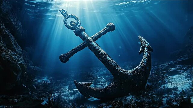 The sun shines through the water, illuminating the anchor at the bottom of the ocean, inspiring underwater travel and exploration