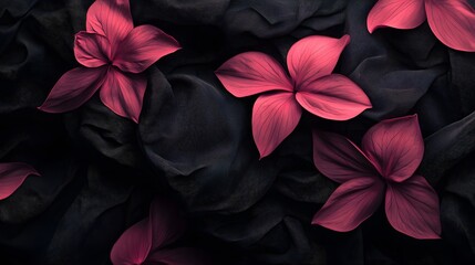 This image features several pink flowers, each with five petals, set against a dark, textured background. The flowers are vibrant and detailed, with visible veins on the petals.