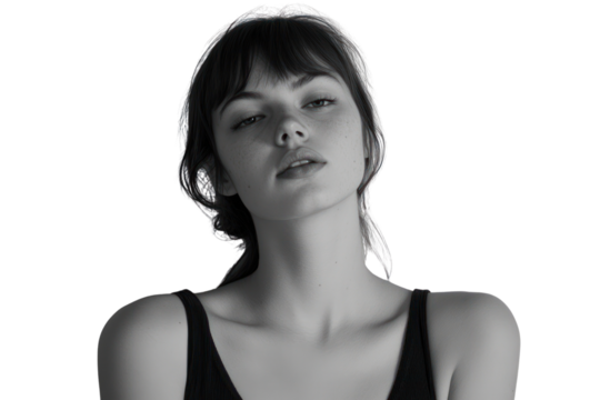 Intriguing Gaze: A black and white portrait of a young woman with a captivating gaze and subtle, delicate features. Her expressive eyes draw you into a moment of contemplation and allure. 