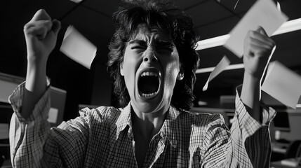 A dramatic black and white photo of a woman screaming in frustration, surrounded by papers.