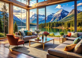 Fototapeta premium Luxury Mountain Lake House Airbnb Living Room: Stunning Mountain Views & Cozy Interior