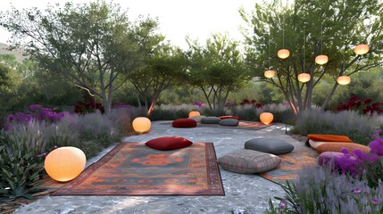 Fototapeta premium Serene outdoor garden with cushions, rugs, and lanterns.