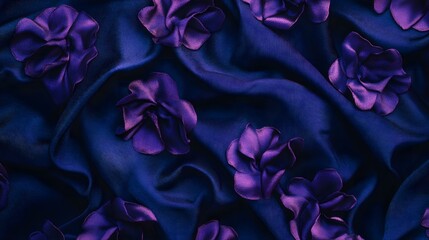 The image shows a dark blue fabric with a smooth, silky texture. Scattered across the fabric are several purple flowers made of similar material. These three-dimensional flowers have a glossy finish, 